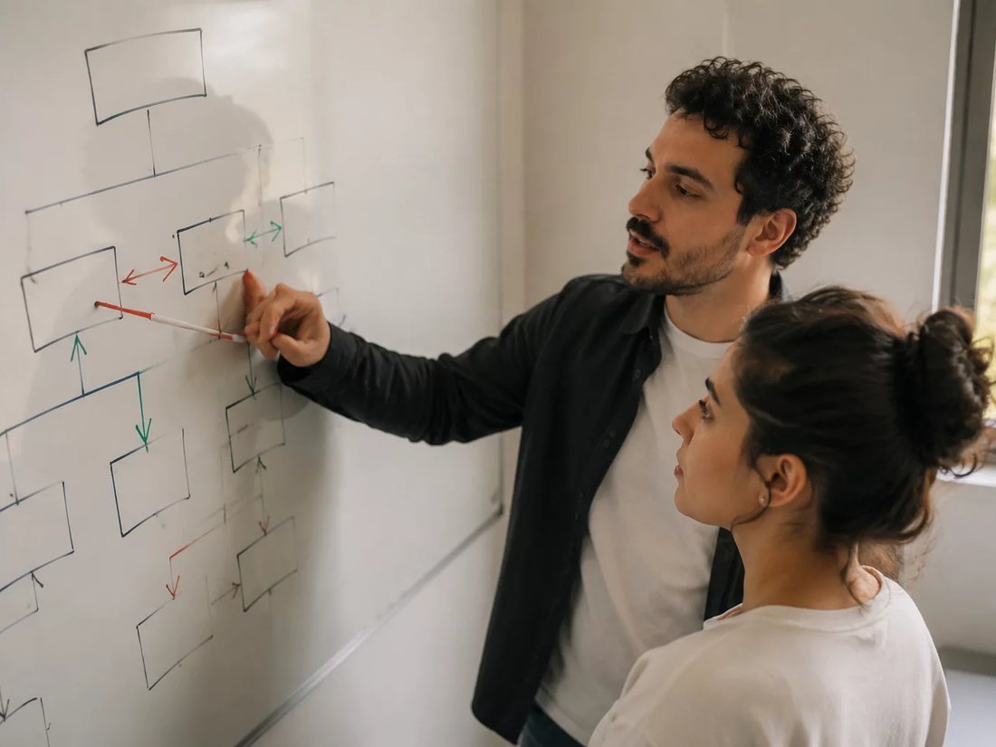 Duas pessoas diante do quadro branco com a armação de um argumento rabiscada